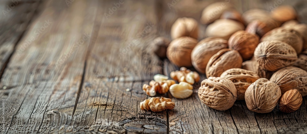 Poster whole nuts and shells are arranged on a rustic wooden table, with a concept of confrontation in the 