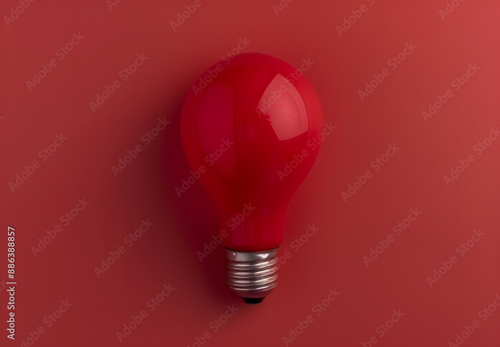 Wall mural red light bulb on red background, top view