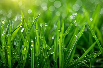 Fototapeta premium Fresh green grass covered in sparkling water droplets, Dewdrops glistening on fresh, newly grown grass