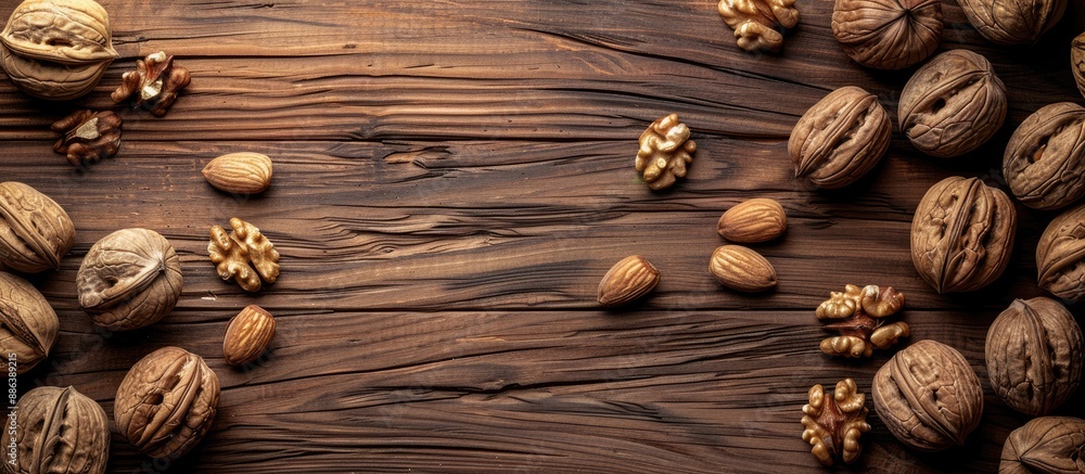 Poster walnuts arranged on a wooden surface with a spot for text in a flat lay composition with copy space 