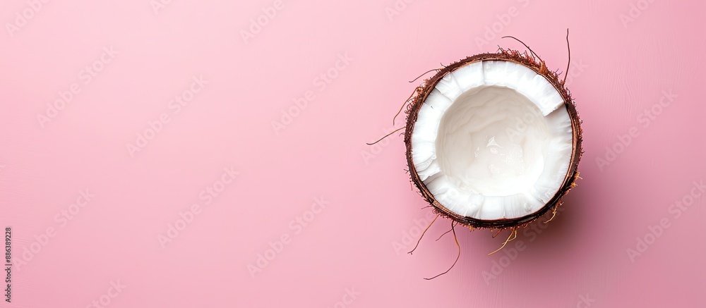 Poster top view of a fresh coconut half on a pink background with copy space image provided.