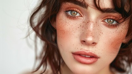 Fototapeta premium Close Up Portrait of Young Woman With Freckles and Makeup