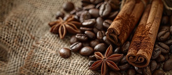 Roasted coffee beans paired with cinnamon sticks and star anise on rustic sackcloth background showcasing a charming mix in a copy space image.
