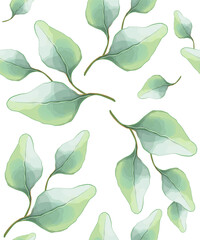 Hand drawn pattern, seamless background with leaves on a white background. Vector watercolor typography poster, art, postcard, wallpaper and fabric