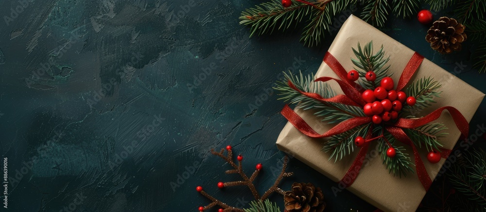 Poster top-down view of a festive arrangement featuring a christmas present, ideal for showcasing with ampl