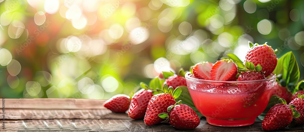 Aufkleber strawberry juice and strawberries displayed in a bowl on a wooden table with a light bokeh backgroun