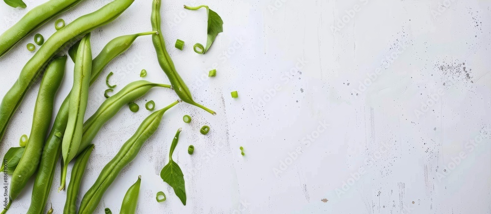 Poster top view of green beans on a white backdrop with ample copy space image available.