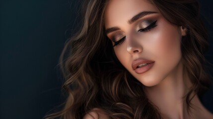 Fototapeta premium Young Woman With Wavy Brown Hair Posing Against a Dark Background