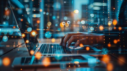 Businessman working with laptop and hologram digital data chart