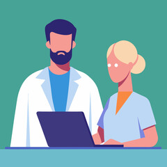 Software engineer and a doctor looking at a laptop vector style illustration
