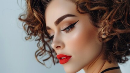 Fototapeta premium Close Up Portrait of Woman With Curly Hair and Dramatic Eye Makeup