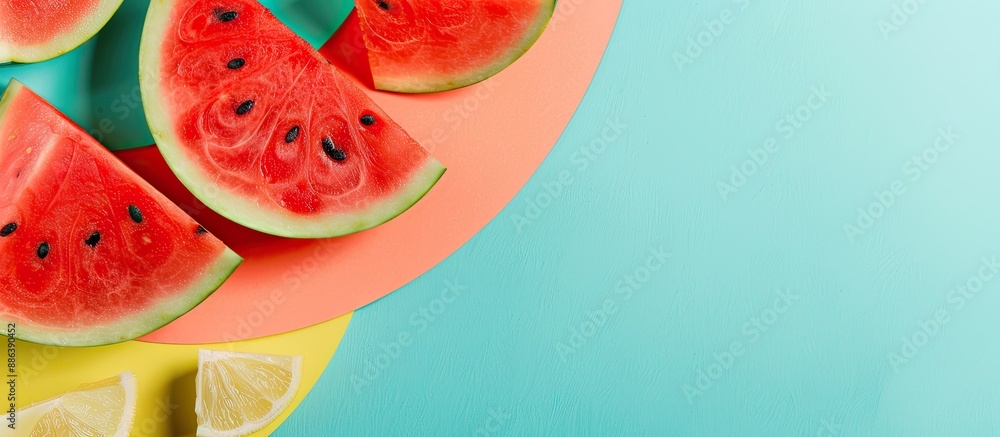 Poster juicy watermelon slices displayed on a colorful backdrop with copy space image.