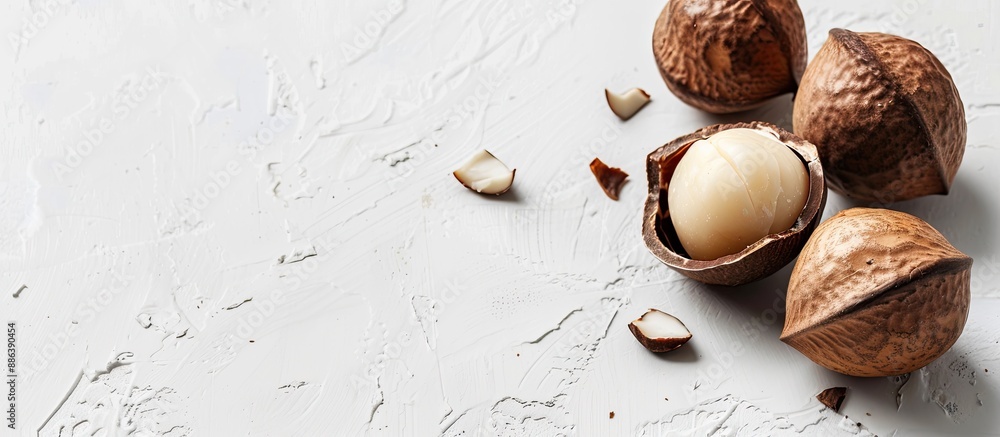 Poster macadamia nut half shell on a white background with ample copy space image.
