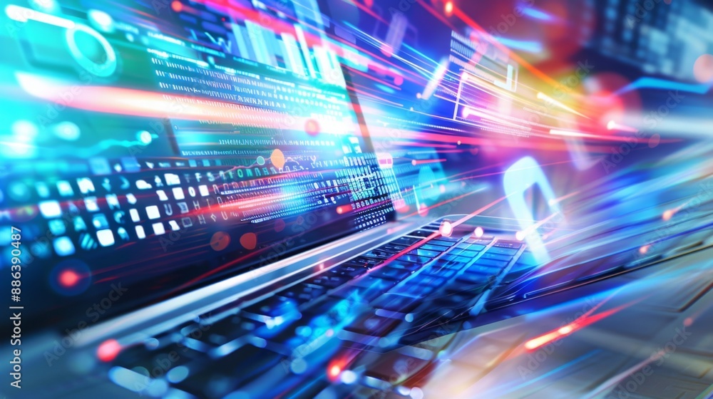 Poster laptop displaying futuristic data analysis and information technology