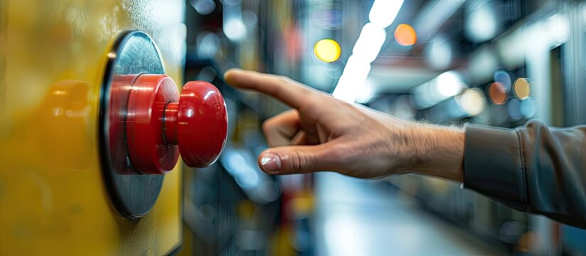 Worker hand reaching towards the oversized red emergency stop button in an industrial setting with copy space image.