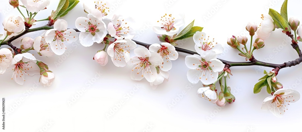 Poster single spring tree branch with flowers and buds isolated on a white background for design with copy 