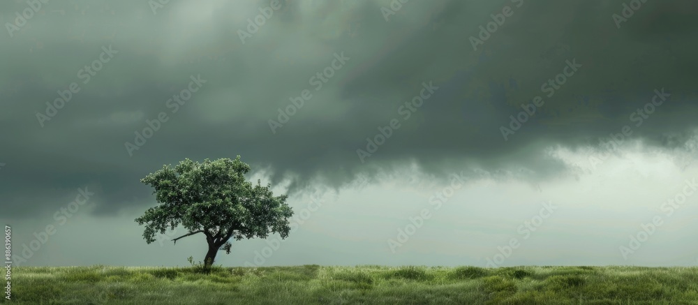 Poster solitary tree during a stormy weather with a vast expanse of sky and no other objects nearby, making