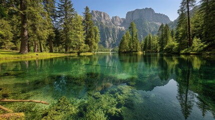 A serene lake surrounded by tall trees and mountains, with crystal-clear water reflecting the natural landscape, highlighting the need for water conservation.