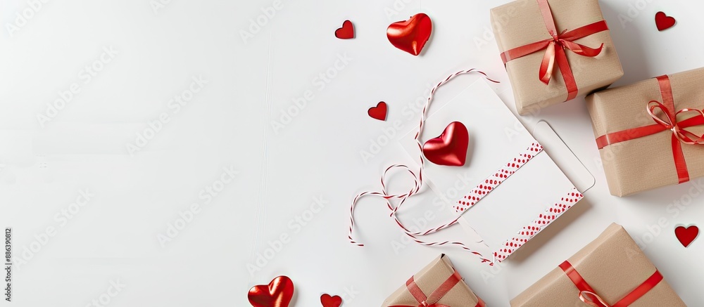 Aufkleber valentine theme with gift boxes and hearts on a white background, centered around a card with hearts