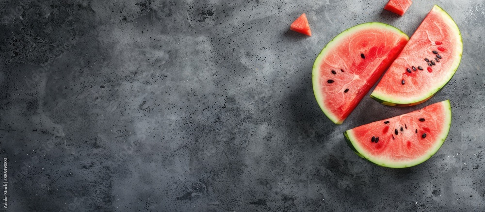 Poster gray background with space for text featuring watermelon and a slice. image with copy space