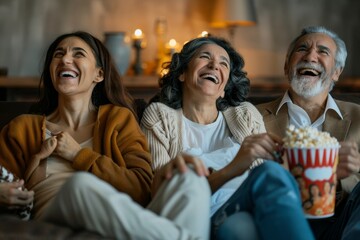 Fototapeta premium A diverse group of people from different generations enjoying a movie and laughing together, Different generations of a family sharing laughs and snacks while enjoying a movie