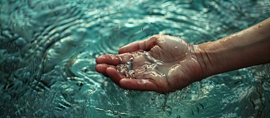 Fototapeta premium Save water hand depicted in a close-up image with a textured surface, surrounded by copy space.