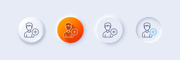 Add User line icon. Neumorphic, Orange gradient, 3d pin buttons. Profile Avatar sign. Male Person silhouette symbol. Line icons. Neumorphic buttons with outline signs. Vector