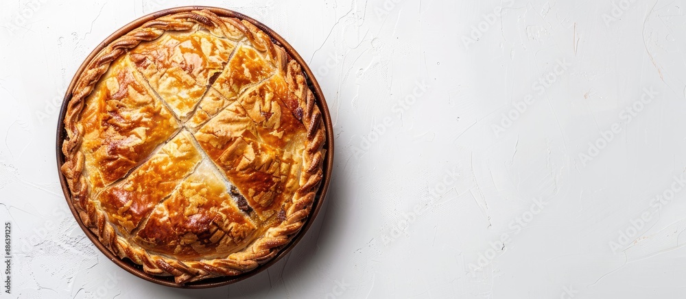 Aufkleber top view of a traditional ossetian beef pie on a white background with copy space image.