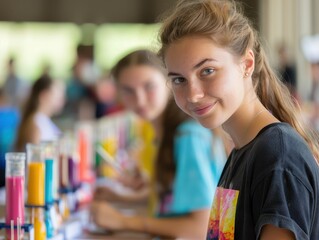 Obraz premium Young Woman Smiling at Art Workshop with Colorful Paints and Brushes in Background
