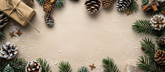 Top view of a festive holiday composition featuring a creative arrangement of green pine branches, cones, a gift box, and snow, with a border and ample copy space image.