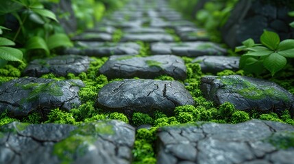 Naklejka premium Close-up image of moss covering a stone pathway, ultra-high definition, 32k resolution.