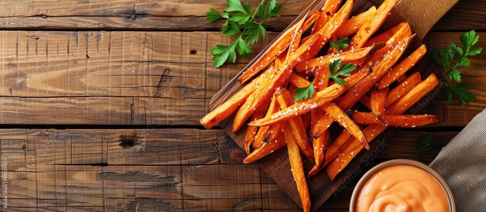 Poster top view of a board featuring delectable sweet potato fries with sauce on a rustic wooden table, wit