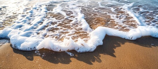Soft ocean waves gently washing up on a sandy beach with foam, providing a tranquil background with copy space image.
