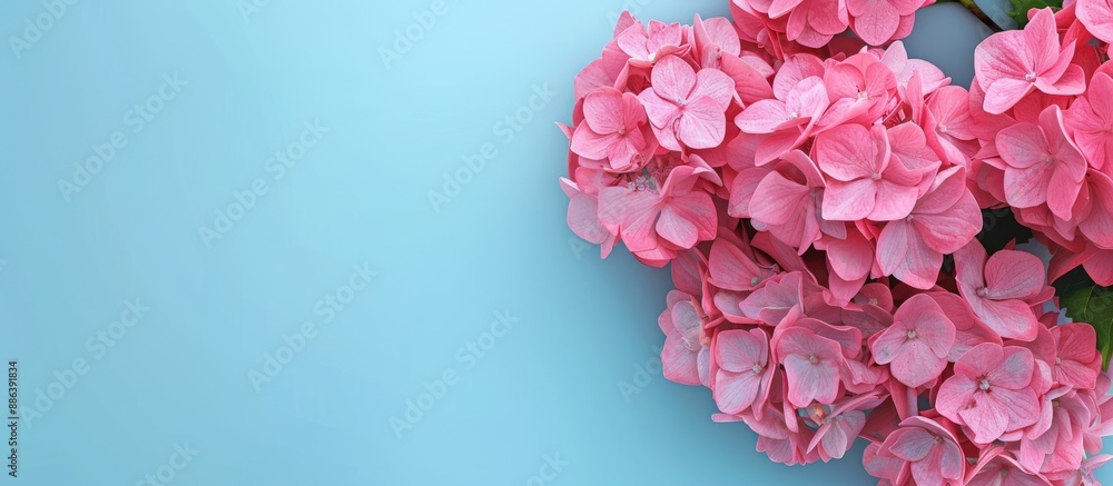 Poster top view of a blooming pink hydrangea on a blue backdrop in a floral arrangement with space for text