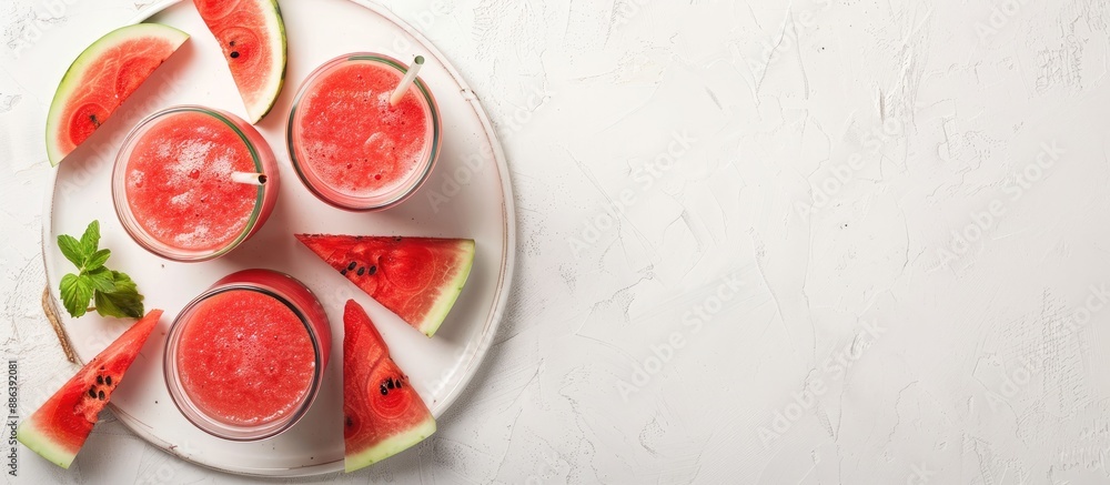 Poster watermelon smoothie in glass jars with slices on a plate with a white backdrop, shot from above for 