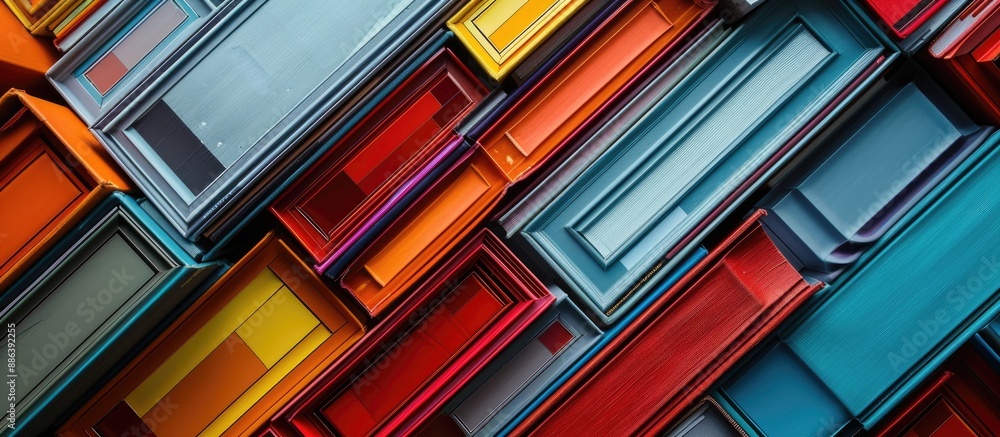 Poster Top view of a variety of multicolored books with a close-up perspective, creating a copy space image.