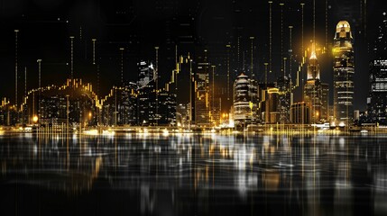 Fototapeta premium Golden Cityscape: A futuristic vision of a city illuminated by a shimmering network of data streams, reflecting the interconnectedness and dynamism of modern life.