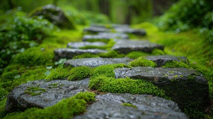 Close-up image of moss covering a stone pathway, ultra-high definition, 32k resolution.