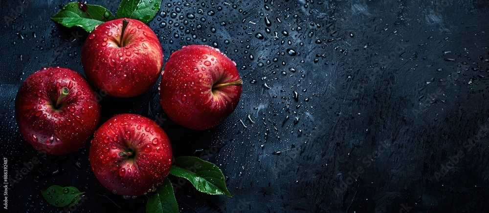 Poster Red apples displayed against a dark background with water droplets, providing room for text or other elements in the image. image with copy space