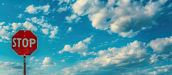 Red stop sign set against a backdrop of cloudy blue sky, with an empty area for additional photos or text, known as a copy space image.
