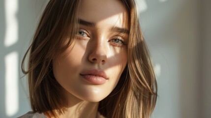Naklejka premium Closeup Portrait of a Woman With Brown Hair Looking Directly at the Camera in Natural Sunlight