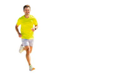 A male runner is warming up for his jog in fitness clothes. The background has been cut out.
