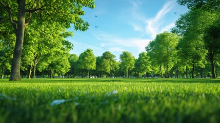 A serene park scene with lush green grass and trees, featuring a clear blue sky and no plastic waste in sight, symbolizing a clean environment.