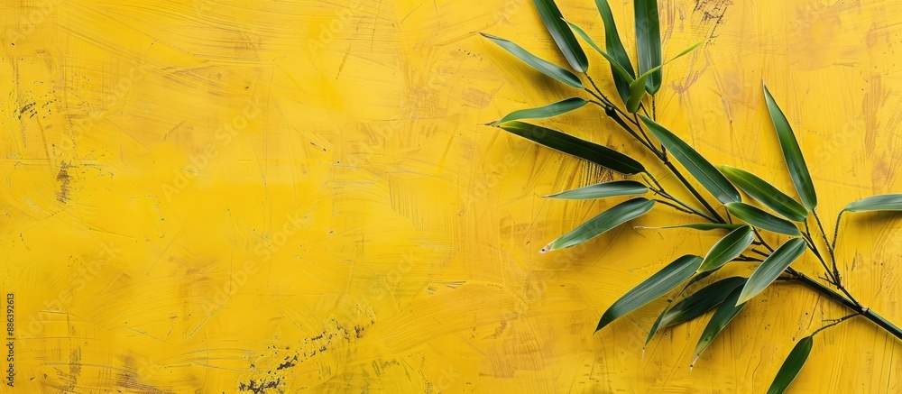 Aufkleber top-down view of a bamboo branch on a yellow asia-themed background, ideal for adding text with copy