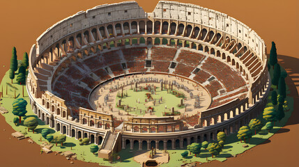 A digital illustration of the Roman Colosseum during the day, rendered in a stylized, low-poly art style, featuring a cutaway view revealing the interior seating and arena floor.