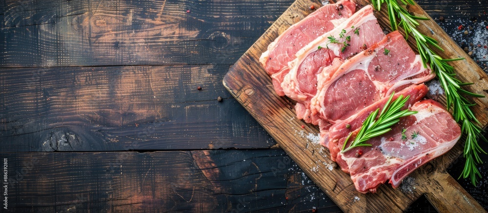 Poster raw pork meat on a wooden stand with empty space above, top view for placement of text or graphics. 