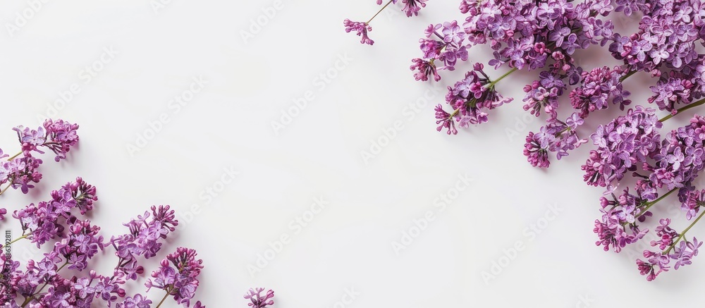Poster top view of lilac flowers against a white backdrop, creating a spring-inspired flat lay with room fo