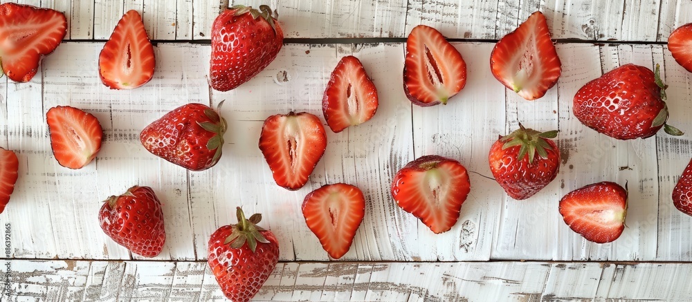 Aufkleber sepia-colored copy space image featuring sliced strawberries on a white wooden surface, creating a r