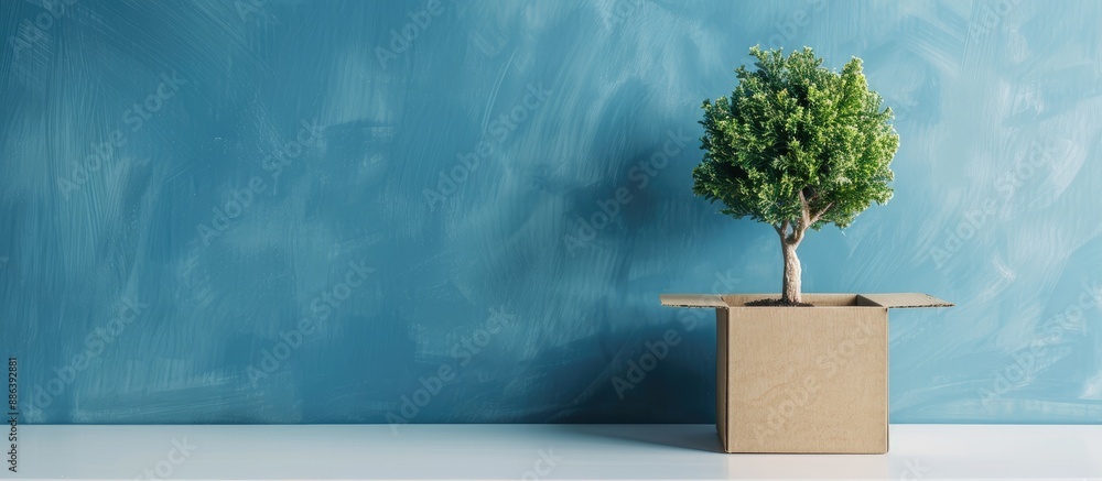 Poster small tree in a brown cardboard box on a white table with a blue wall background, perfect for adding