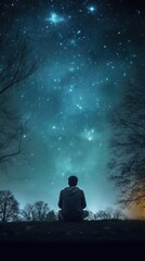 Fototapeta premium A man sits on the ground looking at the stars. Starry night sky landscape outdoor background. Vertical picture wallpaper. Generative AI